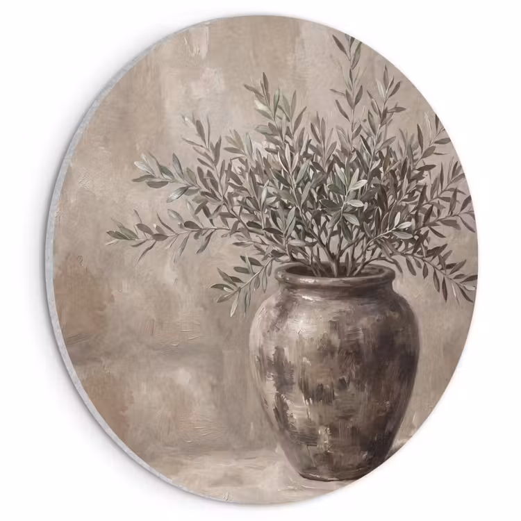 Akoestisch schilderij rond - Olijfplant - Aardenpot - Abstract - Beige — 1