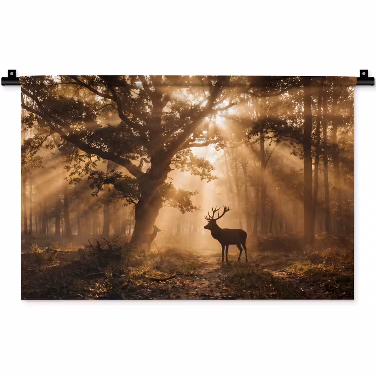 Wandkleed - Hert - Bos - Mistig - Natuur - Goud — 1
