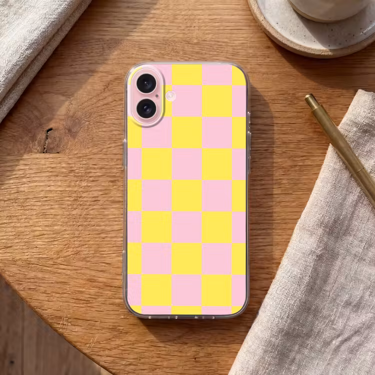 Telefoonhoesje - Schaakbord patroon - Geel - Roze - Blokjes — 2