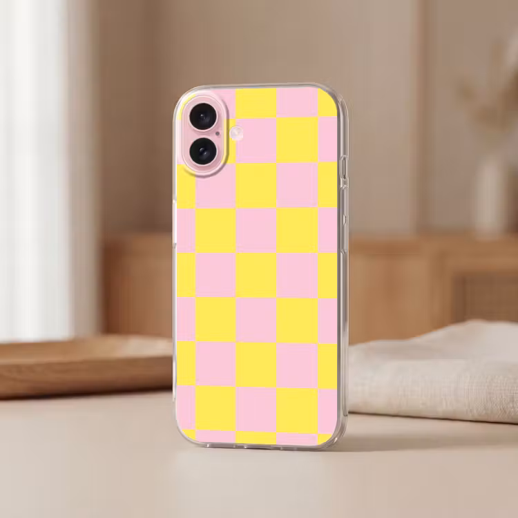 Telefoonhoesje - Schaakbord patroon - Geel - Roze - Blokjes — 3
