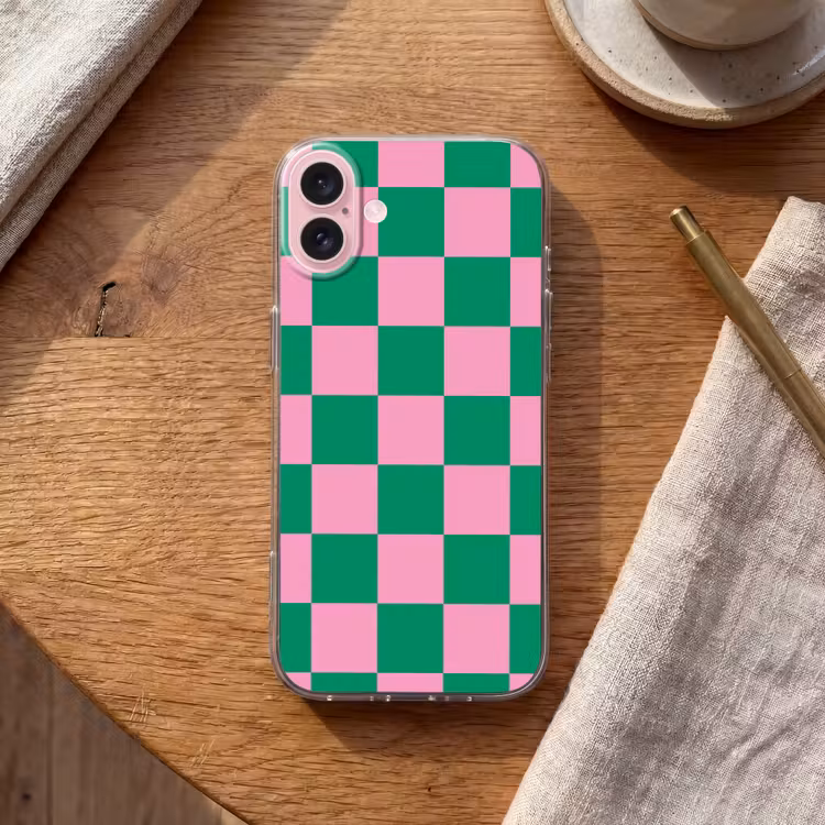 Telefoonhoesje - Schaakbord patroon - Groen - Roze - Blokjes — 2