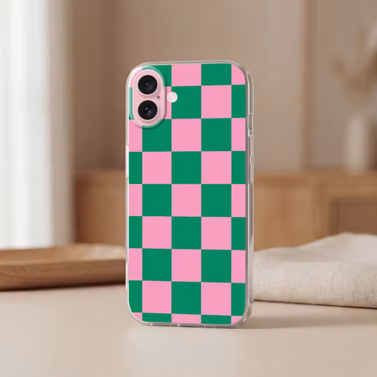 Telefoonhoesje - Schaakbord patroon - Groen - Roze - Blokjes — 3