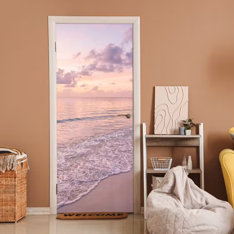 Deursticker - Strand - Zonsondergang - Natuur - Minimalistisch - Roze — 2