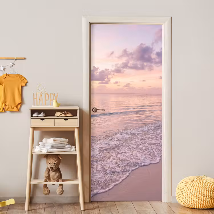 Deursticker - Strand - Zonsondergang - Natuur - Minimalistisch - Roze — 6