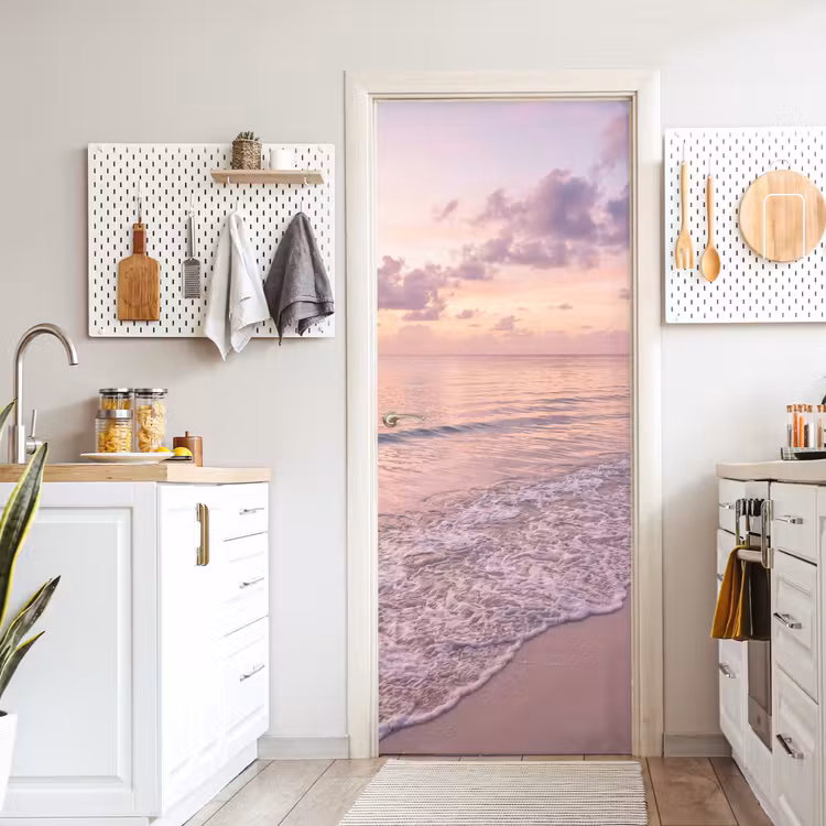 Deursticker - Strand - Zonsondergang - Natuur - Minimalistisch - Roze — 7