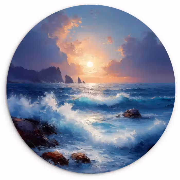 Wandcirkel - Glas - Golven - Zee - Kleurrijk - Rotsen