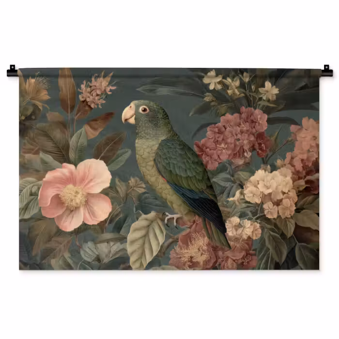 Wandkleed - Groene papegaai - Kleurrijke bloemen - Donkere achtergrond