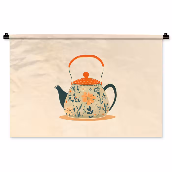 Wandkleed - Oranje - Theepot - Bloemen - Bladeren