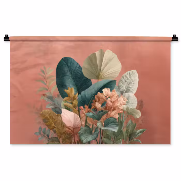 Wandkleed - Tropische bladeren - Bloemen - Roze - groen