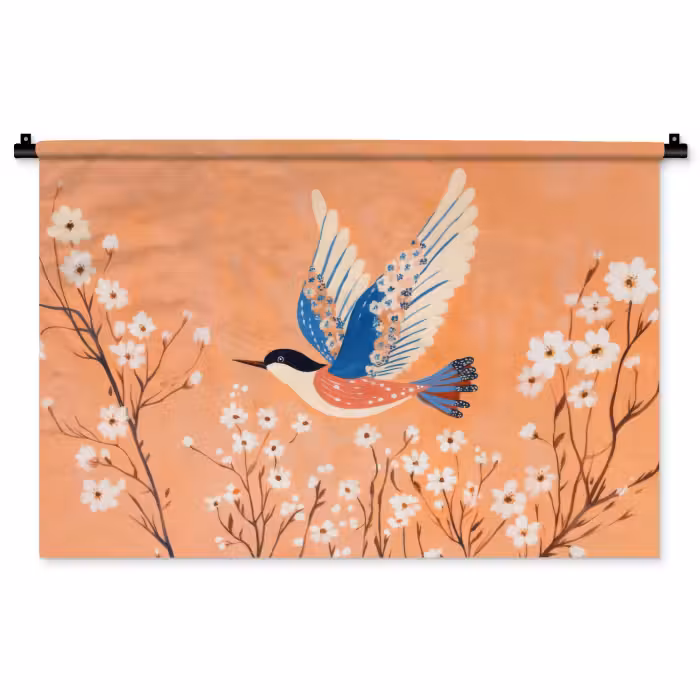 Wandkleed - Vogel - Bloesemtakken - Warm - Kleurrijk