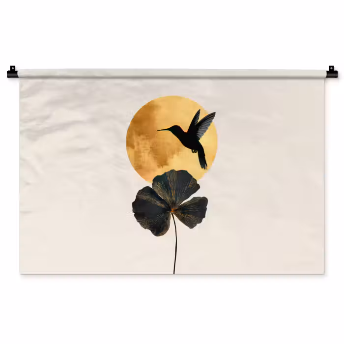 Wandkleed - Zwarte kolibrie - Bloem - Gouden cirkel